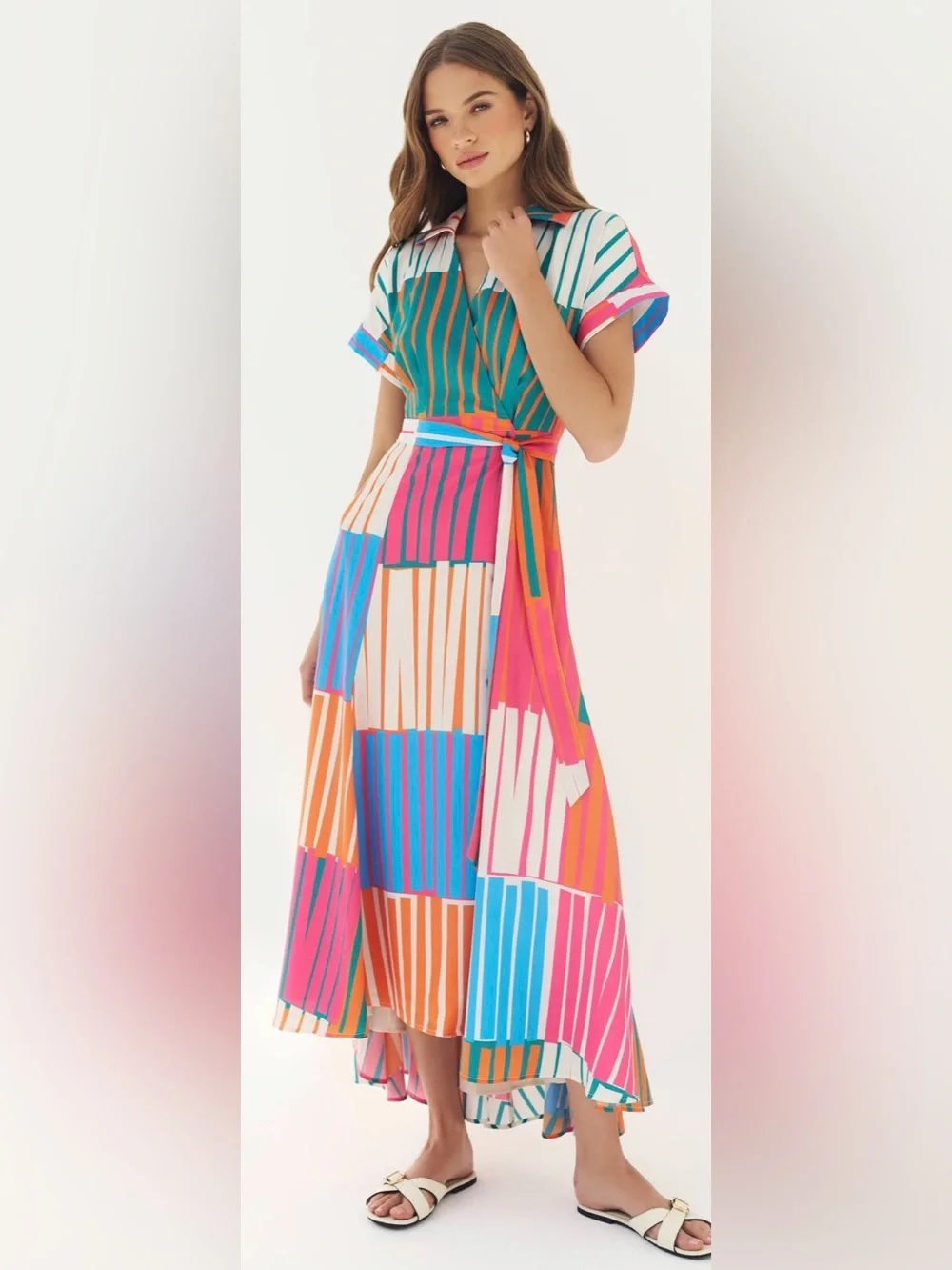 Hutch Johnnie Multicolor Striped Wrap Maxi Dress in Blue, Pink, Orange NWT Sz L - Picture 6 of 7